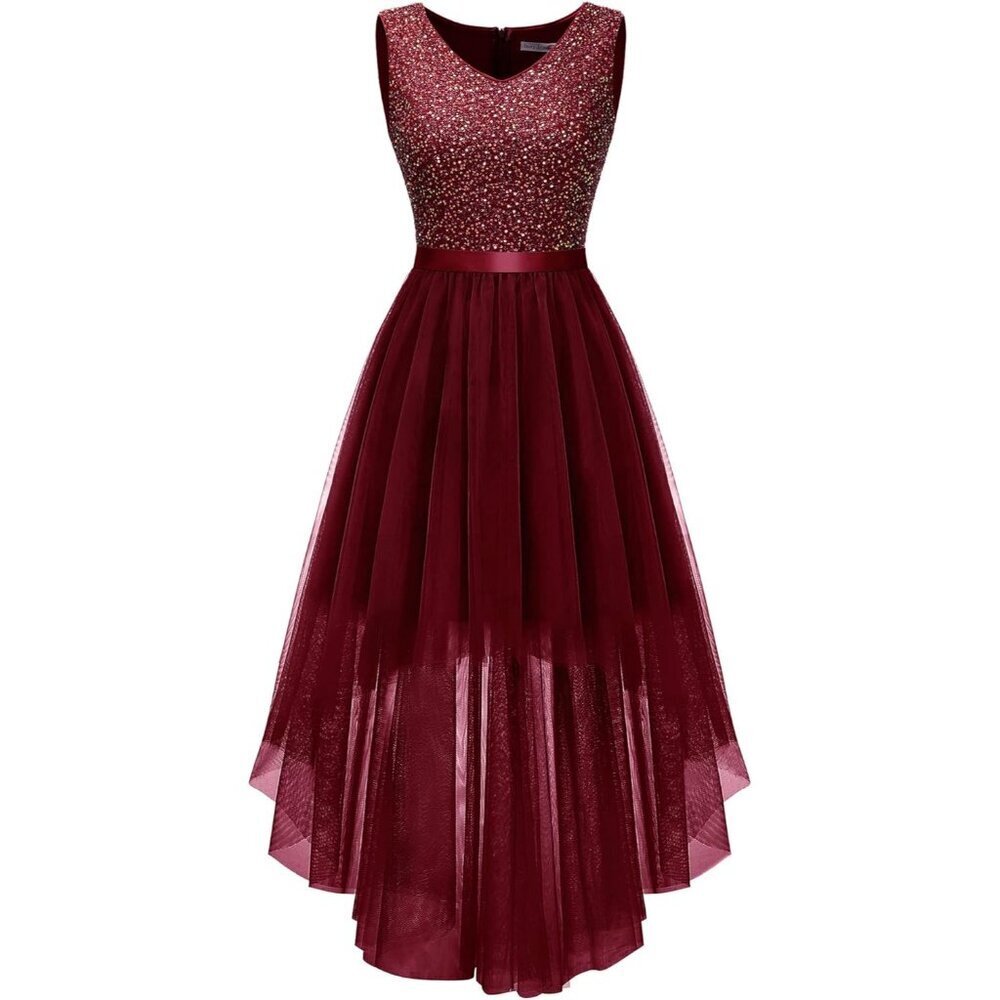 BeryLove Women Tulle Burgundy Chiffon Scoop Neck Sleeveless Cocktail Dresses